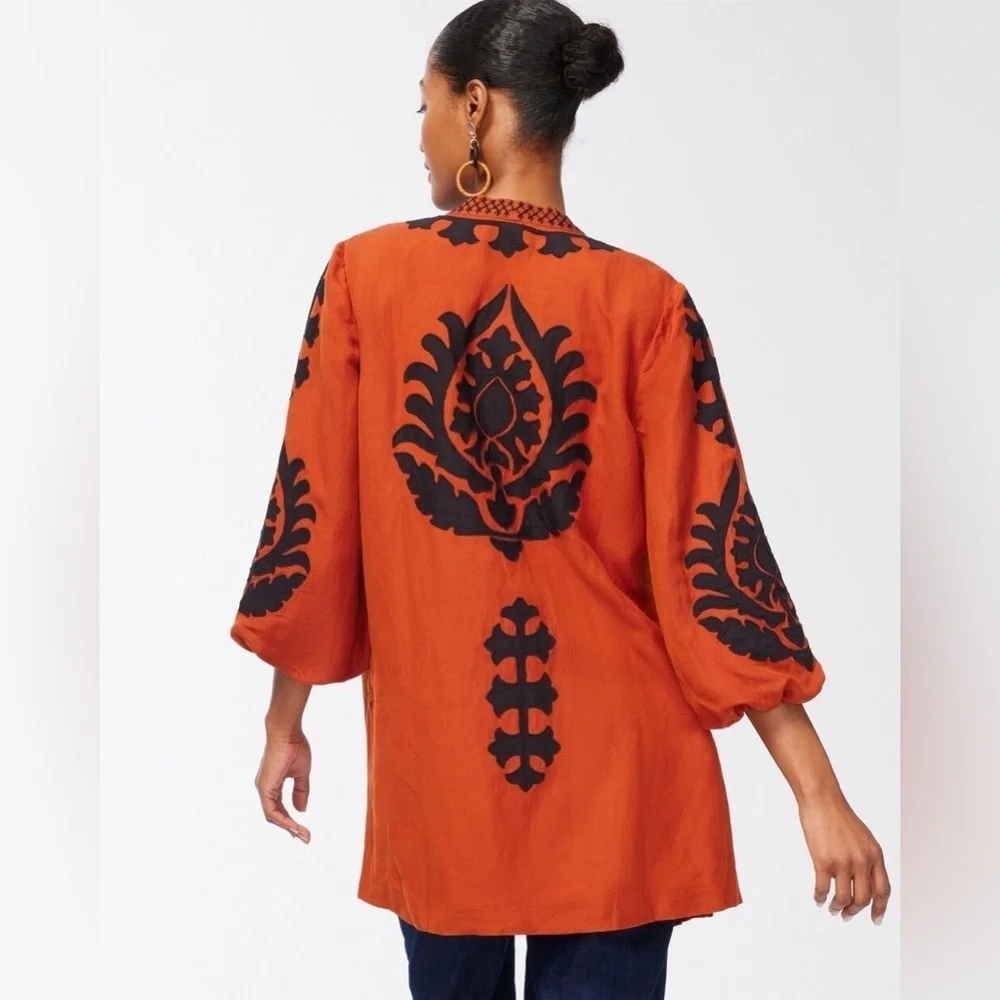 Chico’s Linen Blend Applique Jacket, Rust/Black, Size XL, GUC - Picture 4 of 9